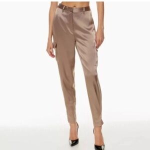Babaton Tan Satin Cargo Pants, High-Rise Tapered